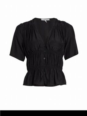 Frame Denim Black Silk Button-Front Gathered Blouse